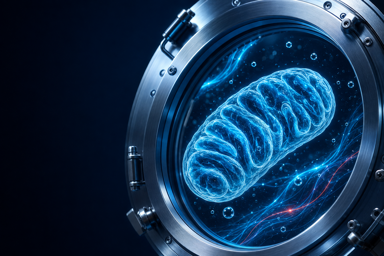 A luminous mitochondrion framed by a hyperbaric chamber portal