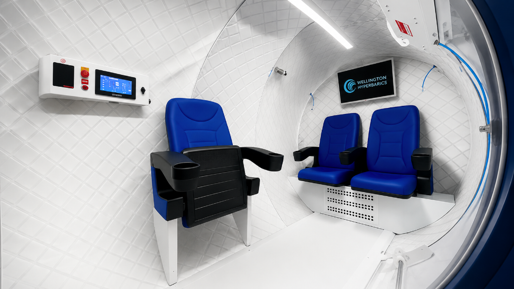 Interior of the Wellington Hyperbarics multiplace chamber showing three blue treatment chairs, chamber controls and monitoring screen